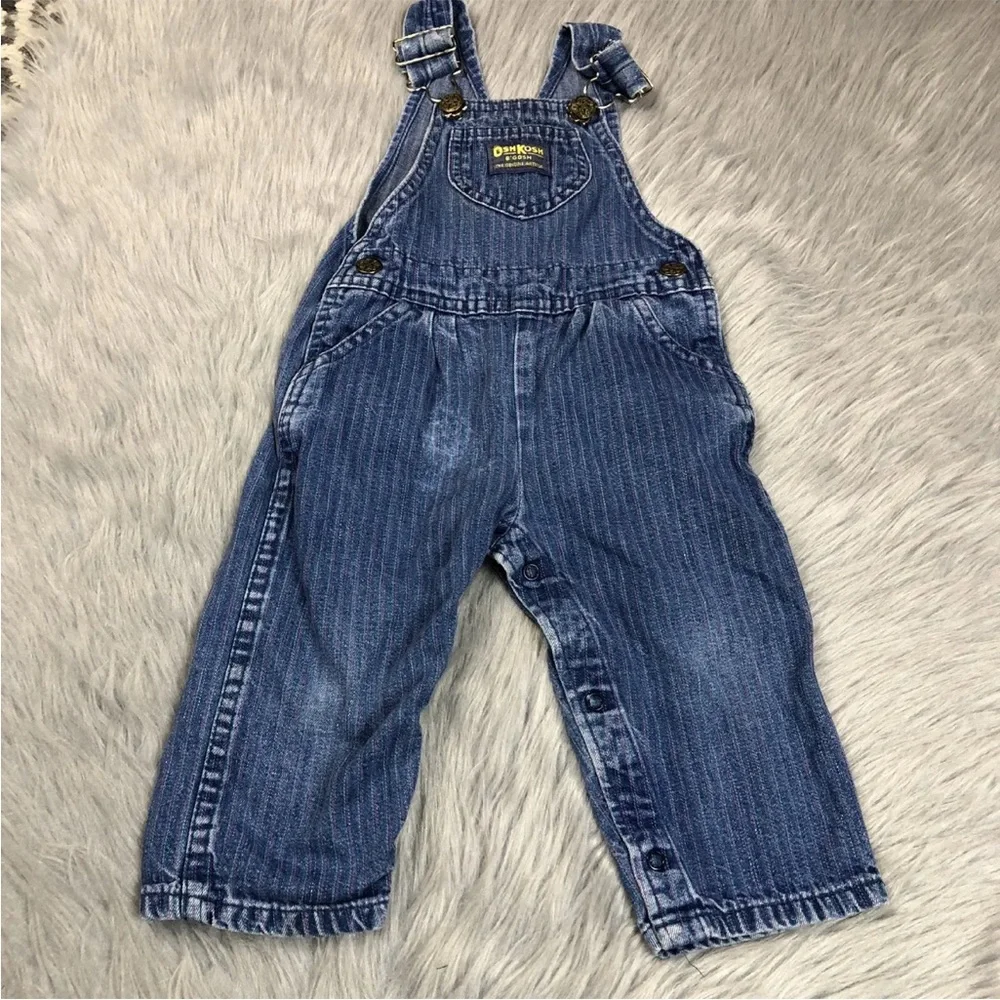 Vintage Oshkosh Bgosh Baby Girls Denim Blue Pink Striped Vestbak Overalls